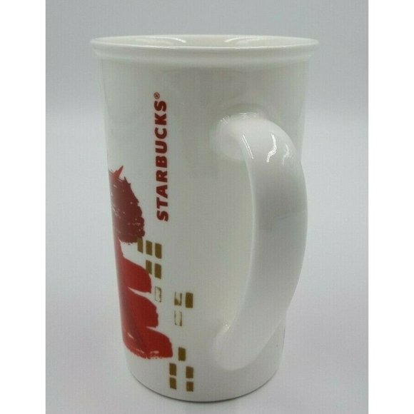 Starbucks Coffee Mug Cup 12 Oz 2014 Christmas White Red Gold Splash Tall - Picture 2 of 5